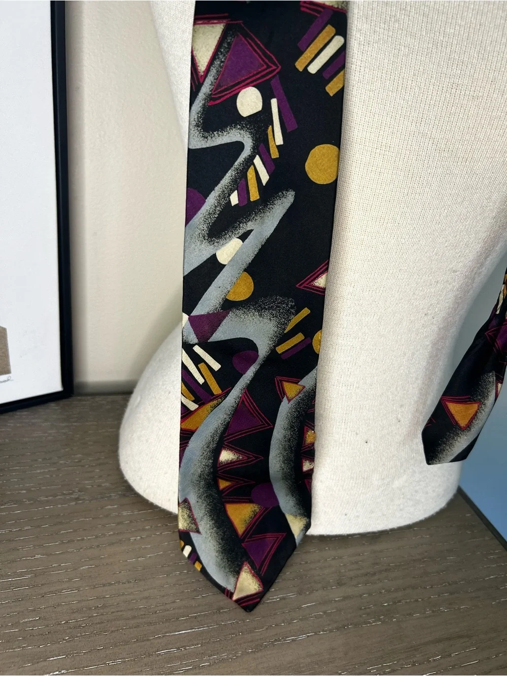 Oscar de la Renta Men's Black Geometric Print Tie with Purple and Gold Accents